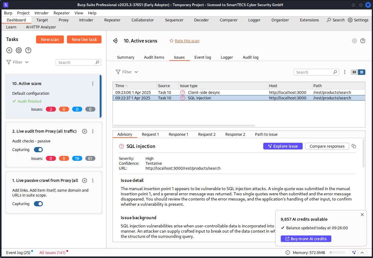 Active Scan finds SQL injection in the Juice Shop search