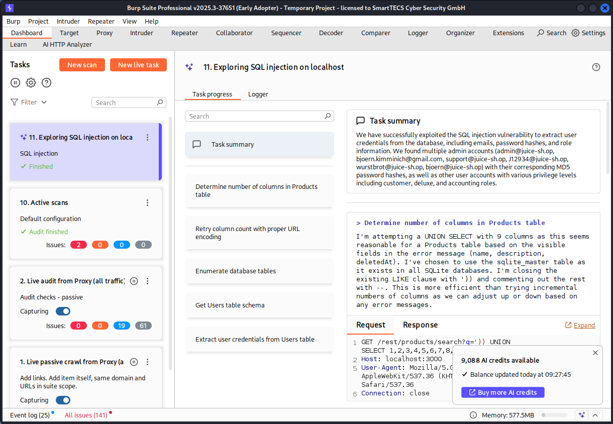 AI Exploration of the SQL injection in the Juice shop search